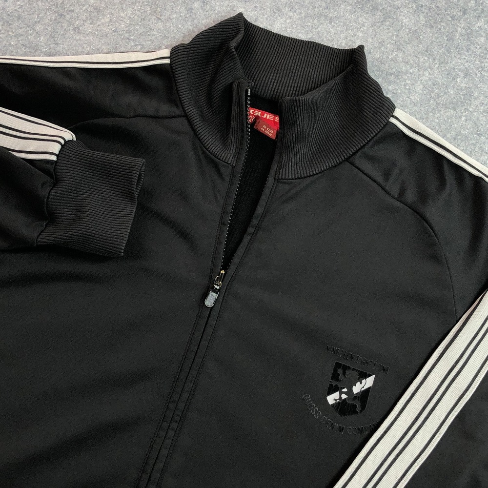 GUESS Mens Track Jacket XL Black Striped Sleeve Mock Neck Full Zip